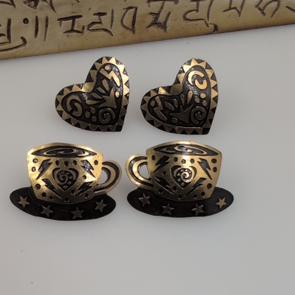 A Classic Etched Earring Duo | Hearts & Teacups | Antiqued Gold Aesthetic - Picture 1 of 6